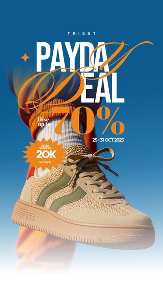 A 9:16 vertical social media ad for casual sneakers, utilizing a strong color contrast between orange sale text and a deep blue background.