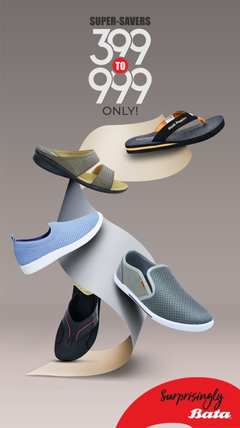A vertical 9:16 layout showcasing five different styles of shoes floating against a neutral background, highlighting a clear price range strategy.