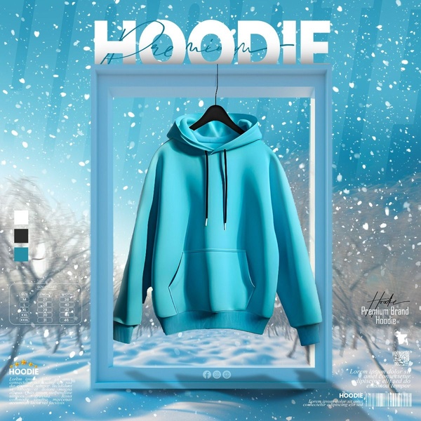 A 1:1 square ad featuring a high-quality hoodie suspended in a 3D frame, set against a winter-themed, snowy background.