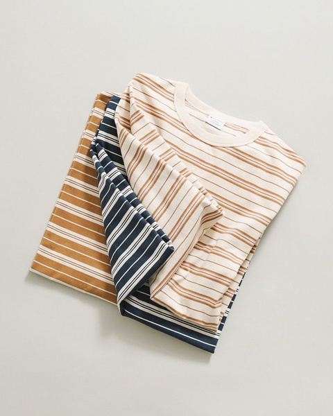 striped t-shirt, cotton t-shirt, striped crew neck, short sleeve shirt, casual t-shirt, new arrival, minimalist, flat lay, calm, fresh, neutral, brown, blue