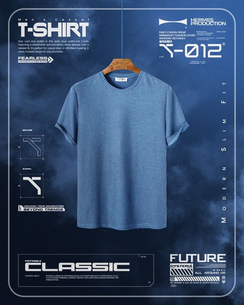 crew neck t-shirt, waffle knit shirt, casual t-shirt, textured t-shirt, short sleeve shirt, new arrival, product demo, minimalist, modern typography, bold, trustworthy, blue, neutral