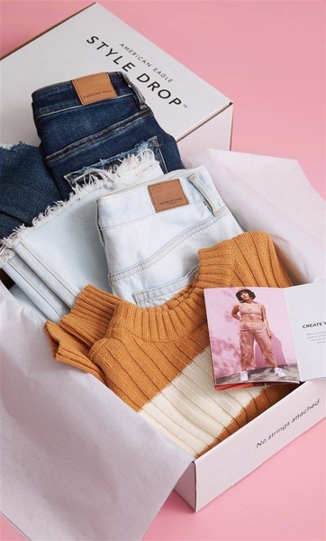 denim jeans, knit sweater, subscription clothing box, clothing package, fashion subscription, new arrival, flat lay, fresh, playful, pink, neutral