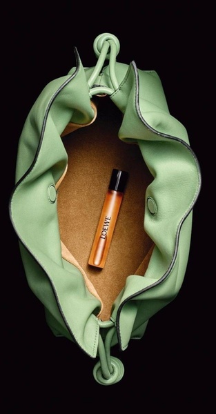 leather handbag, tote bag, perfume bottle, fragrance sample, leather bag, scent vial, bestseller push, minimalist, editorial, luxurious, calm, green, brown, black