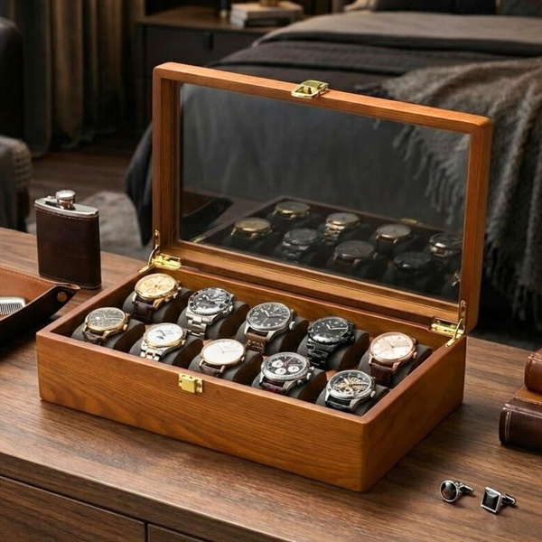 watch box, watch organizer, watch storage case, wooden watch box, display case, bestseller push, lifestyle, luxurious, trustworthy, brown, neutral