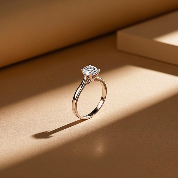 A high-end, clean product shot of an engagement ring resting on a neutral surface, utilizing dramatic directional lighting to create a sharp, compelling shadow.