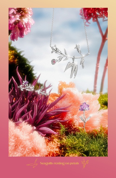This creative showcases a delicate silver necklace adorned with floral motifs, suspended against a vivid, surreal field of textured pink and purple petals.