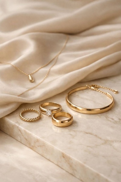 A high-end, clean product shot of gold rings, a gold bracelet, and a delicate gold necklace laid out on a neutral marble and silk surface.