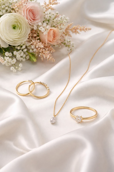 A high-end, soft-focus product photography shot featuring a gold necklace, two rings, and delicate floral arrangements on white satin.
