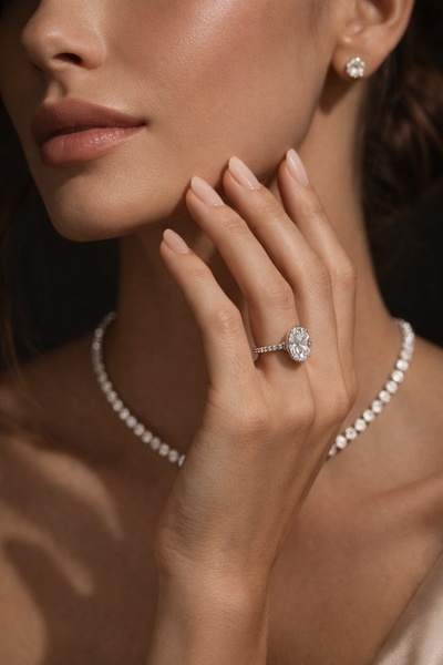 A high-end, close-up shot focusing on a woman's hand wearing a diamond ring, highlighting luxury and elegance.