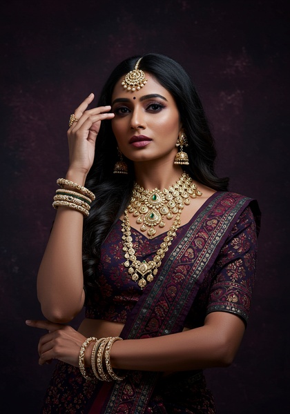A high-end portrait of a model wearing ornate gold bridal jewelry and a dark patterned traditional outfit, set against a moody, deep-toned background.