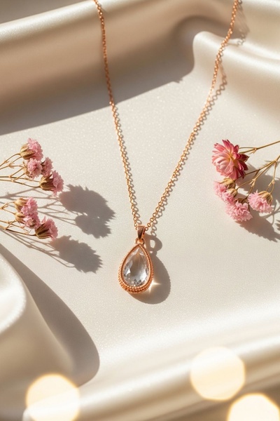 A high-end, soft-lit jewelry hero shot of a pear-shaped crystal necklace displayed on elegant satin fabric with delicate baby's breath flowers.