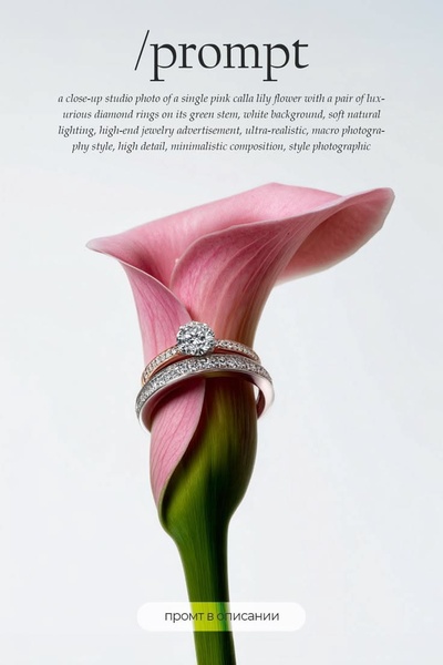 A high-end, minimalist studio photograph featuring two diamond rings balanced on the stem of a single pink calla lily against a clean white background.