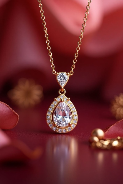 A high-end studio portrait of a pear-shaped diamond pendant necklace against a moody, deep red fabric background with soft floral bokeh.
