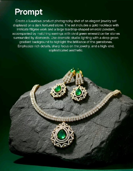A luxury product photography shot of a gold necklace and emerald earring set displayed on a dark, textured stone with deep green gradient lighting.