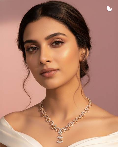 A high-end, studio-lit portrait featuring a model wearing an elegant diamond necklace against a soft, muted pink background.