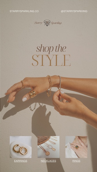 A high-end, clean jewelry brand ad featuring close-up shots of hands with gold jewelry and a secondary carousel of specific pieces.