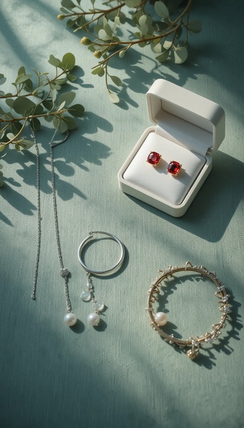 A high-end, minimalist display of a ruby earring set, a pearl necklace, and a bracelet, arranged elegantly on a textured sage-green surface.