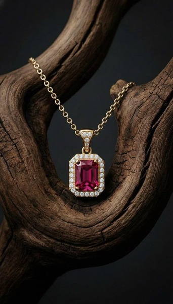 A high-end ruby pendant with diamond halo set against rustic driftwood, emphasizing contrast and luxury through organic textures.