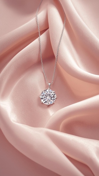 A close-up, vertical shot of a diamond pendant necklace resting on delicate, soft pink silk fabric.