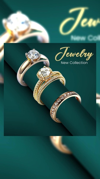 A high-end jewelry advertisement featuring a trio of elegant rings displayed on a deep emerald green background to convey luxury and sophistication.