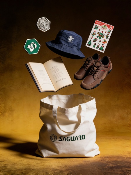 A clean, studio-lit composition featuring a Lifestyle Shoe, a bucket hat, a book, and branded stickers floating above a white canvas tote bag.