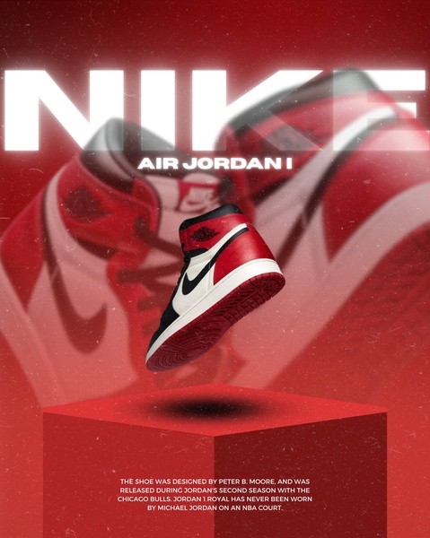 A high-contrast, minimalist promotional graphic showcasing the Air Jordan I floating on a geometric pedestal against a deep red background.