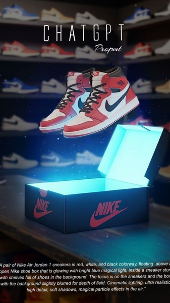 A high-detail rendering of a running shoe floating above an illuminated, glowing Nike shoebox within a store, utilizing cinematic depth and lighting.