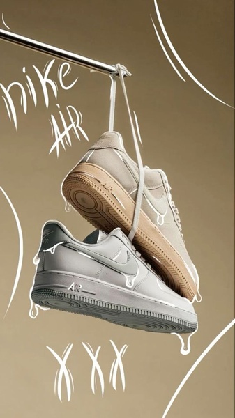A vertical product hero shot featuring two sneakers hanging from a rack, accented by hand-drawn white drip illustrations.