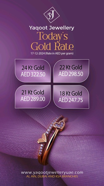 A clear, professional graphic displaying the daily gold rates for 24kt, 22kt, 21kt, and 18kt gold to inform customers of current market pricing.