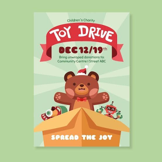 A festive, illustrated poster design for a community toy drive featuring a bear and holiday-themed graphics.