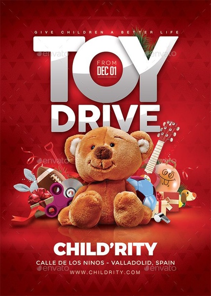 A festive, high-contrast red flyer design featuring a central teddy bear surrounded by various toys and gifts, promoting a holiday toy drive.