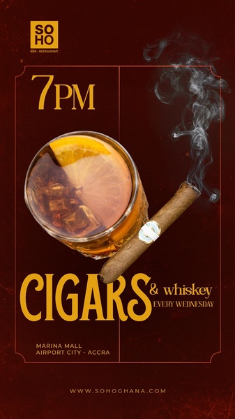 A high-end, sophisticated vertical advertisement promoting a recurring whiskey and cigar event held at a bar-restaurant.