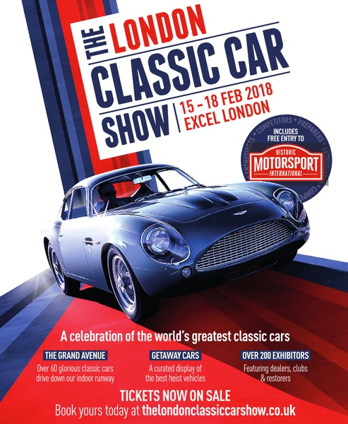 A high-contrast promotional graphic featuring a classic car and event details for an indoor automotive show.