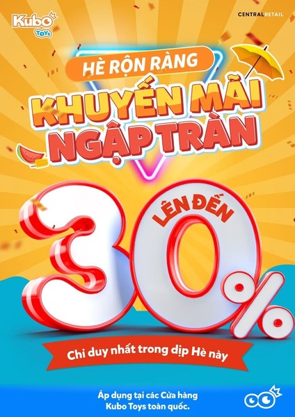 A high-energy, yellow-background creative featuring a 30% discount offer for toys to capitalize on summer seasonal shopping.