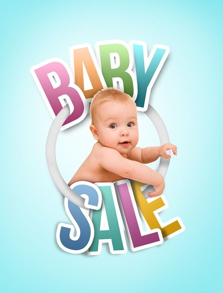A clean, bright ad graphic featuring a baby as the central visual element, framed by bold, colorful 'Baby Sale' typography on a soft blue gradient background.