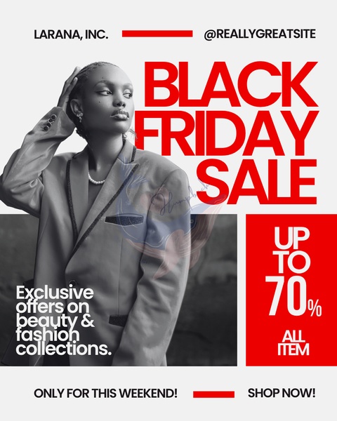 A high-contrast 4:5 fashion ad featuring bold red and black typography to highlight a seasonal discount offer.