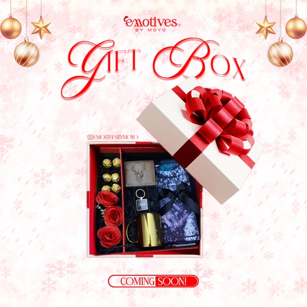 A festive, square-ratio social ad showcasing a curated gift box with a prominent Coming Soon call to action.