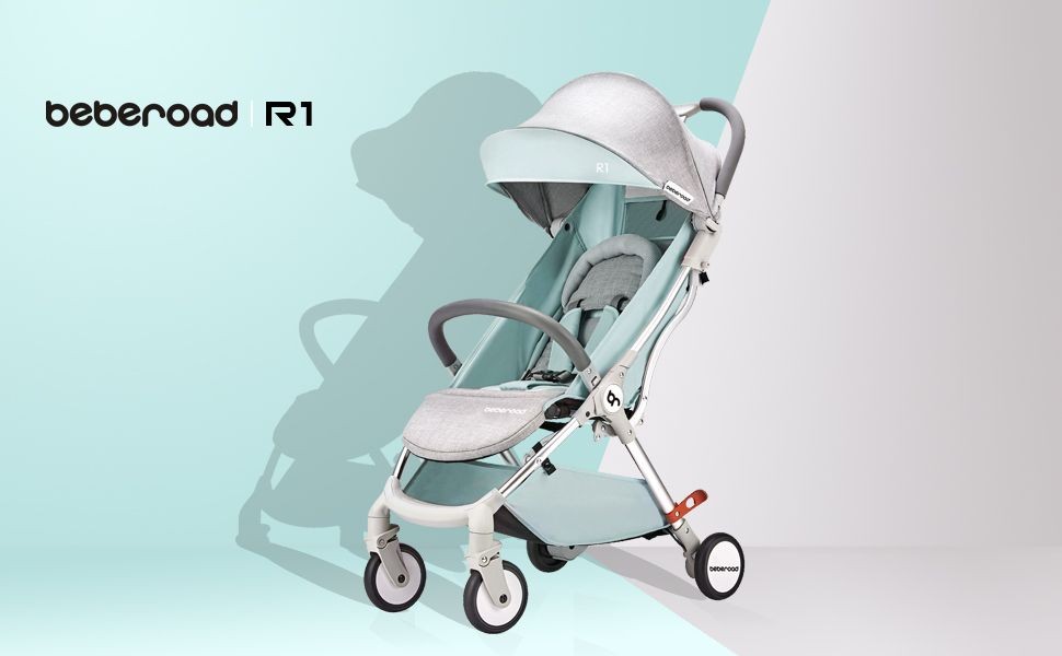A high-end studio shot of the Beberoad R1 stroller against a soft, split-toned background with a subtle shadow design.