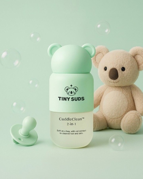 A clean, studio-lit creative featuring a baby cleanser bottle with a koala theme, surrounded by bubbles and a plush koala toy.