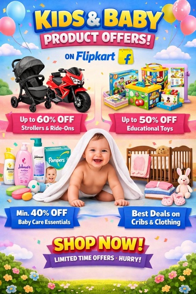 baby stroller, ride on toy, educational toys, baby care essentials, baby crib, diapers, baby clothing, sale promotion, limited time deal, modern typography, lifestyle, playful, energetic, blue, pink, yellow