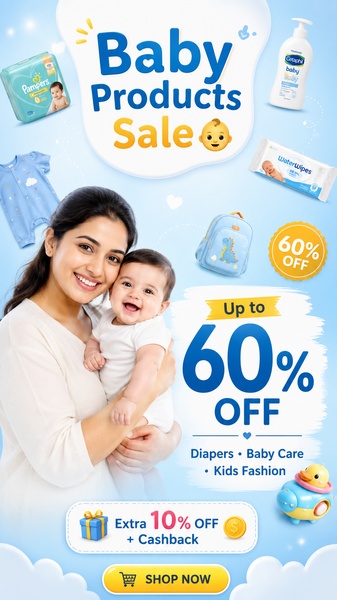 baby diapers, baby wipes, baby care products, infant clothing, baby lotion, newborn essentials, baby supplies, sale promotion, limited time deal, lifestyle, modern typography, playful, warm, blue, yellow, neutral