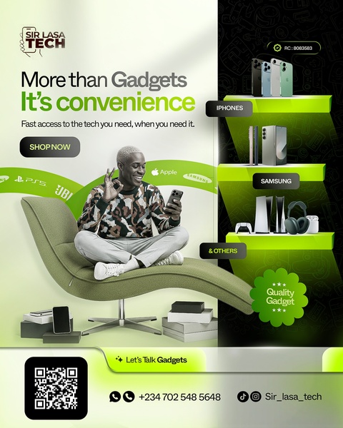 A split-layout creative featuring a user lounging with a mobile device alongside organized shelf displays of various electronics like iPhones, Samsung devices, and game consoles.