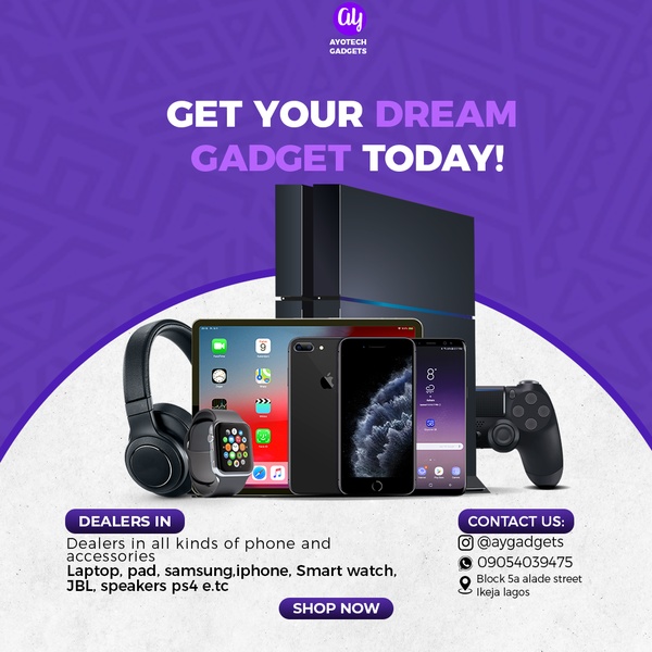 A clear, grid-style product display featuring various electronics including gaming consoles, smartphones, and audio equipment against a bold purple backdrop.
