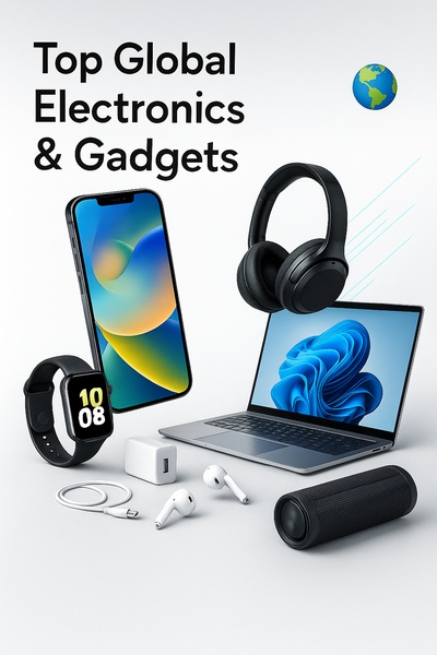 consumer electronics, gadgets, smart devices, wireless headphones, portable speaker, smartwatch, laptop, brand awareness, bestseller push, minimalist, trustworthy, bold, neutral, black, blue