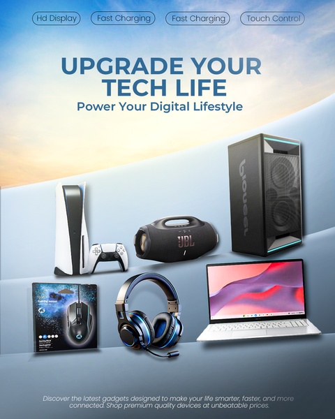 A collection of various consumer electronics displayed on a clean gradient background with clean, feature-focused labels.