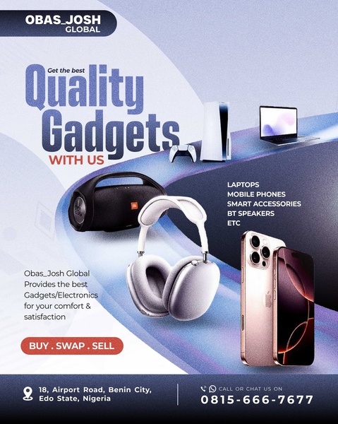 A 4:5 vertical display showcasing premium electronics like smartphones, headphones, and gaming consoles with a service-based value proposition.