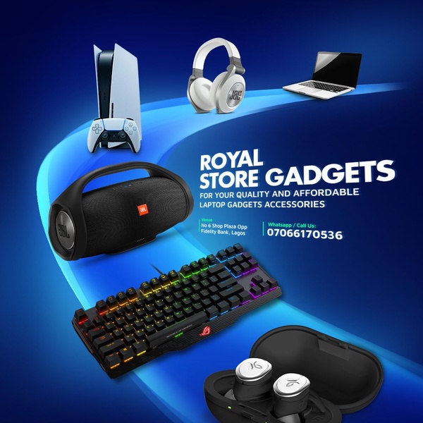 A clean, high-contrast composite of various consumer electronics including a game console, headphones, a laptop, a speaker, and a mechanical keyboard.