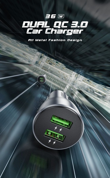 A high-speed, motion-blurred close-up of a dual port car charger that emphasizes its metal build and fast-charging capability.