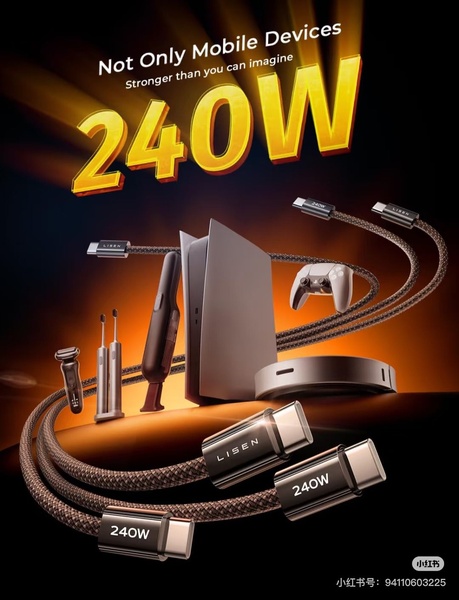 This creative demonstrates the versatility and high-power charging capability of a 240W cable by showcasing it with various electronics beyond just mobile phones.