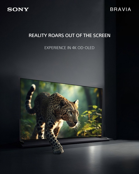 A high-end 4K OLED TV displays a leopard seemingly stepping out of the screen, using extreme contrast to demonstrate picture quality.